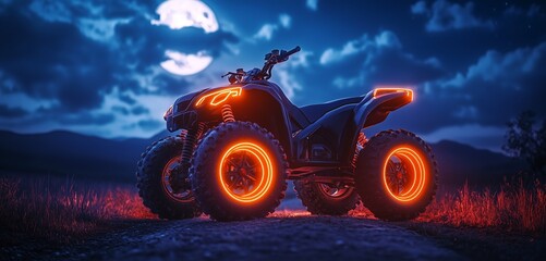 All-Terrain Quad Bike with Neon Orange Lights on a Moonlit Trail