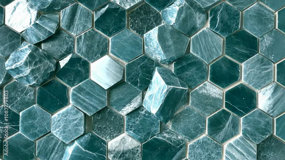 Poster a close-up view of a surface covered in teal hexagonal marble tiles