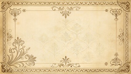 Elegant Victorian paper style background in sepia tones with ornate frame and blank center space in 16:9 horizontal format