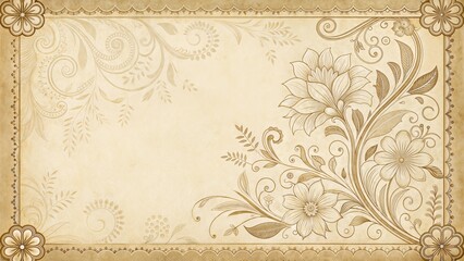 Elegant Victorian paper style background in sepia tones with ornate frame and blank center space in 16:9 horizontal format