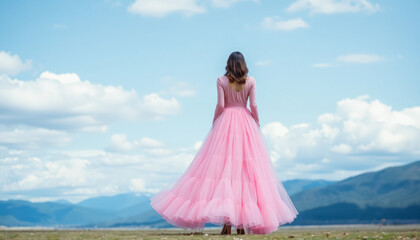 Obraz premium Serene Scene of Woman in Pink Gown with Graceful Posture in Picturesque Field with Clear Blue Sky and Mountain Silhouettes