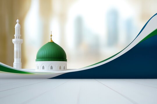 Green dome and white minarets at Bilal Mosque in Medina, Saudi Arabia