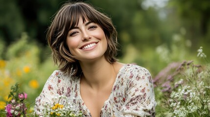 Fototapeta premium Woman Smiling in Floral Meadow: Joyful Outdoor Portrait in Nature