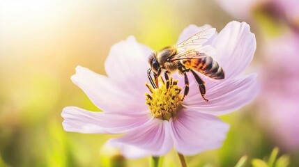 Honeybee Pollinating Pink Cosmos Flower in Sunlit Garden with Soft Focus Bokeh Background
