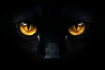 Close-up of a black cat with bright yellow eyes