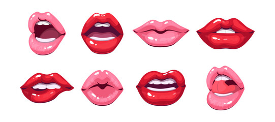 Set female lips gloss red and pink lipstick. Fashion Illustration Woman Mouth. Gestures Collection Expressing Different Emotions