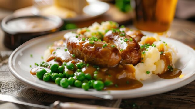 A plate of traditional British bangers and mash with sausages, mashed potatoes