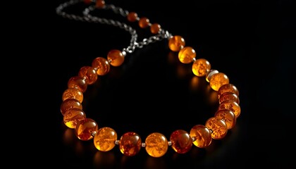 Elegant amber bead necklace displayed against a sleek black background highlighting its vibrant colors