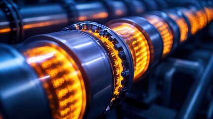 Close-up of industrial machinery with glowing elements for energy generation.