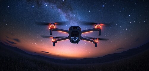Naklejka premium Compact Drone with Neon Indicators Hovering in a Starlit Sky