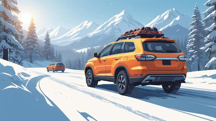 A family trip by SUV vehicle during the winter on a snowy road	
