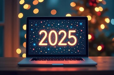 2025 on laptop monitor screen, festive New Year background. Bokeh, Christmas tree, blurred background, fireworks.