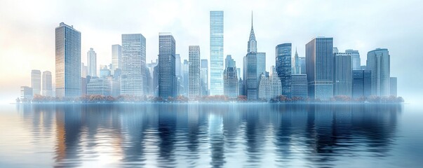 Fototapeta premium Modern city skyline reflection in a calm water surface