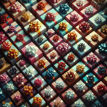 Cajas de regalo en secuencia creando textura, multicolor, con tonos elegantes.
