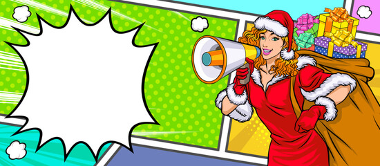 (Multiplmerry christmas santa snowman reindeer elf Christmas woman in red dress in pop art comic stylee values)