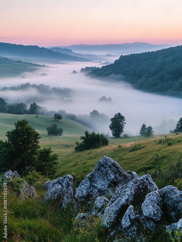 Aufkleber a serene valley is enveloped in mist at dawn, showcasing rolling hills and a rocky foreground with a