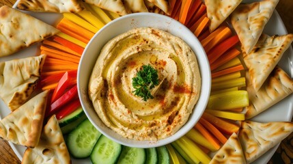 A platter of creamy hummus surrounded by colorful crudites such as carrots, cucumbers