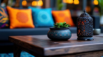A warm and inviting indoor setup featuring vibrant pillows and a decorative lantern, capturing a cozy ambiance perfect for relaxation and conversation.