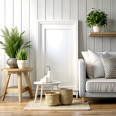 Mockup frame in Coastal boho interior background, 3d render, white Mock up frame