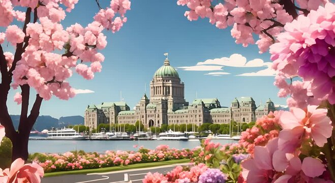 Cartoonish depiction of Victoria British Columbia on beautiful summer day with flowers Victoria inner Harbour and British Columbia Parliament Buildings Vancouver Island BC Canada 4K
