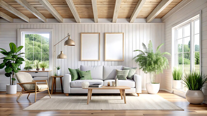 Fototapeta premium Mockup frame in Coastal boho interior background, 3d render, white Mock up frame