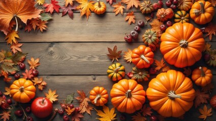 A rich assortment of pumpkins in various sizes and colors, surrounded by bright autumn leaves and red berries, showcases the beauty of fall on a wooden tabletop