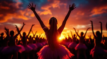 A group of dancers performing with arms raised silhouetted against a vibrant sunset, creating a...