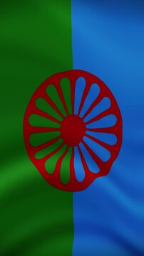 Romani People Waving Flag in Vertical Orientation. Realistic Flag Animation. Seamless Loop Background.