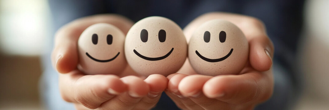 The concept of goodwill in a team. smiling Eggs in his hands.