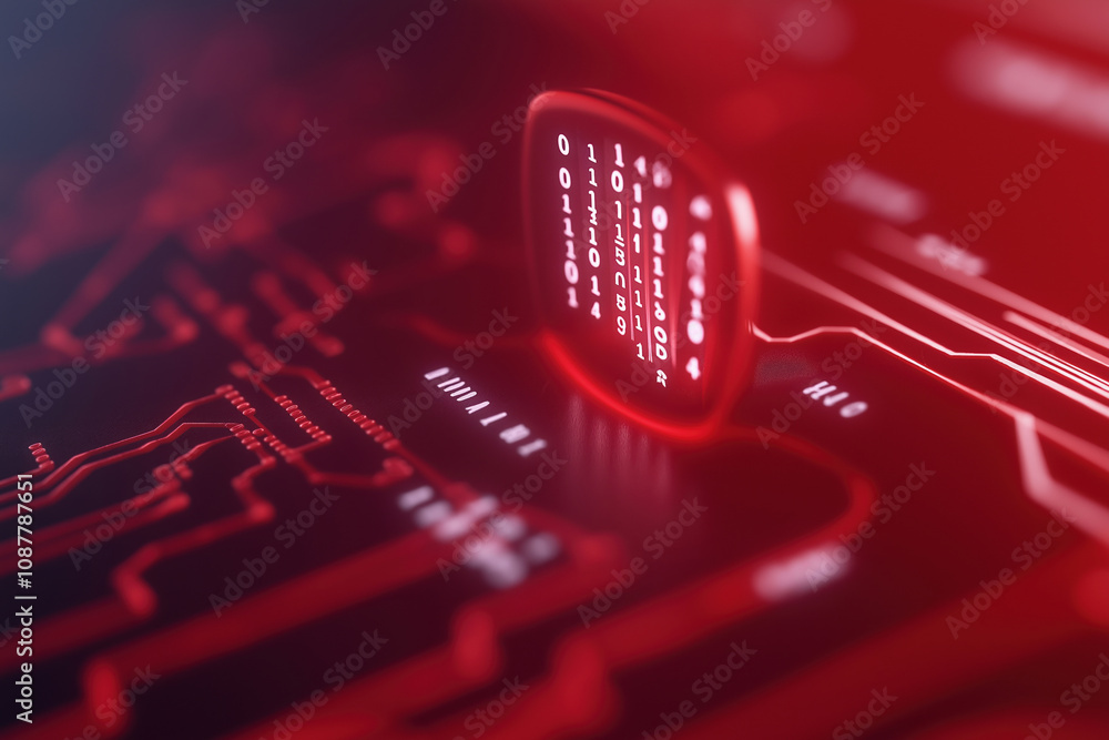 Poster close-up of a glowing microchip on a circuit board in a red-lit technology environment