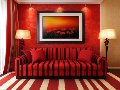 Red And Black Striped Sofa In A Red Room With Artwork