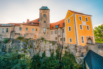 Village Hohnstein with Hohnstein castle and medieval half-timbered houses. Medieval building in Saxon Switzerland