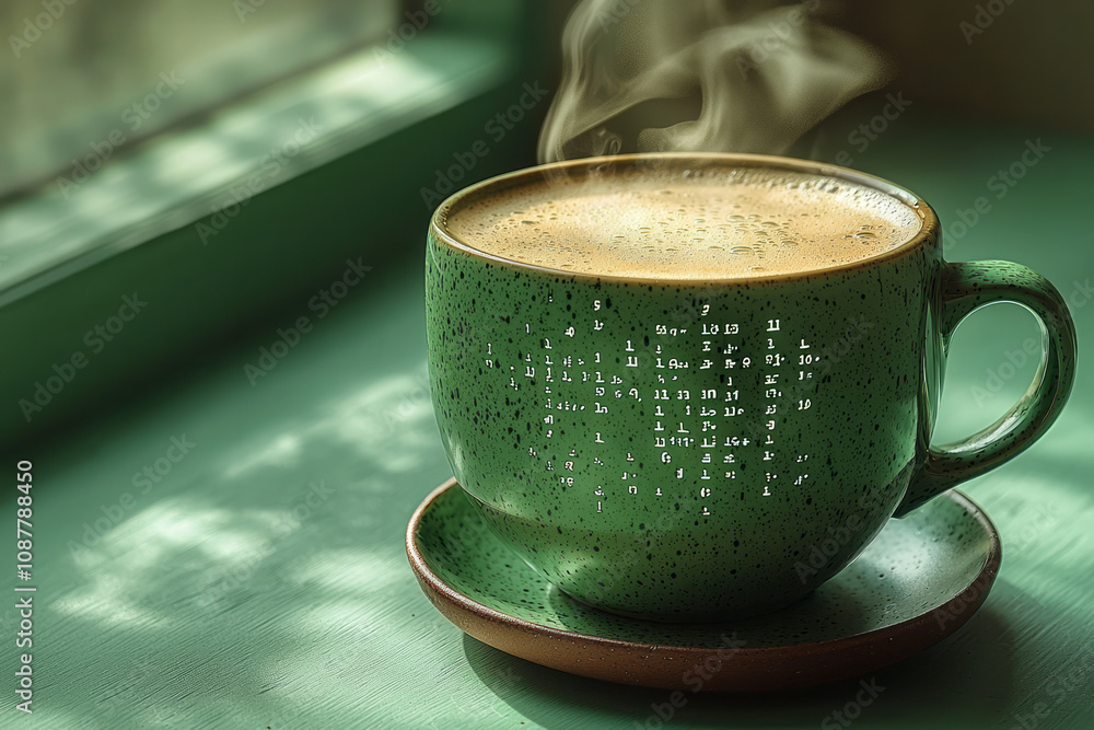 Poster a coding-themed coffee mug with binary text and steam rising, isolated on a pastel pistachio backgro