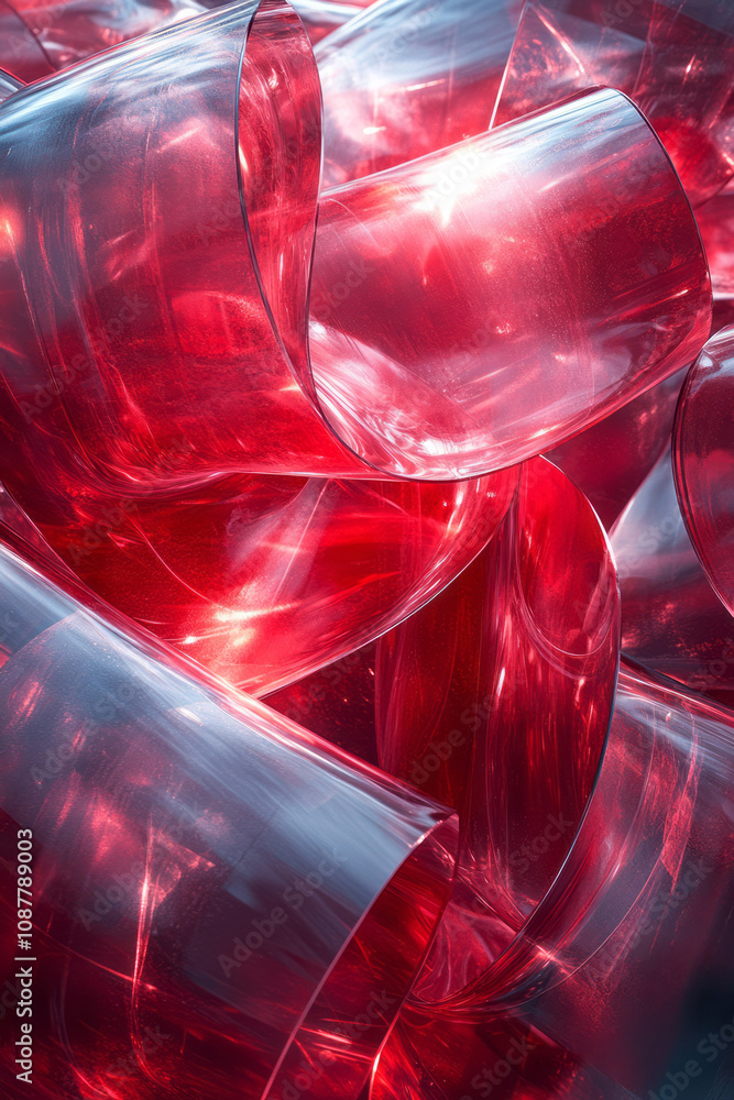 Poster dynamic abstract composition of shiny red ribbons floating in layers,