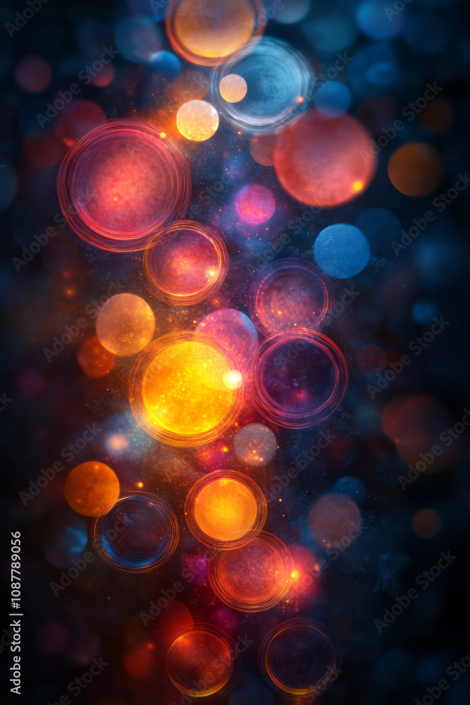 Poster dynamic neon circles radiating soft light and creating a reflective glow,