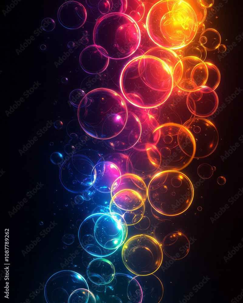 Poster pulsating neon circles with gradient hues casting reflections below,