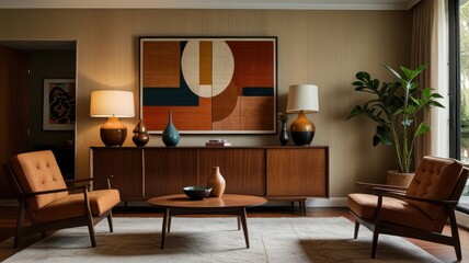 Mid-century modern living room with orange armchairs, wooden sideboard, abstract artwork, and lamps.