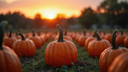 Rows of bright orange pumpkins dot the landscape as the sun sets in the background, casting a warm glow over the pumpkin patch and surrounding greenery