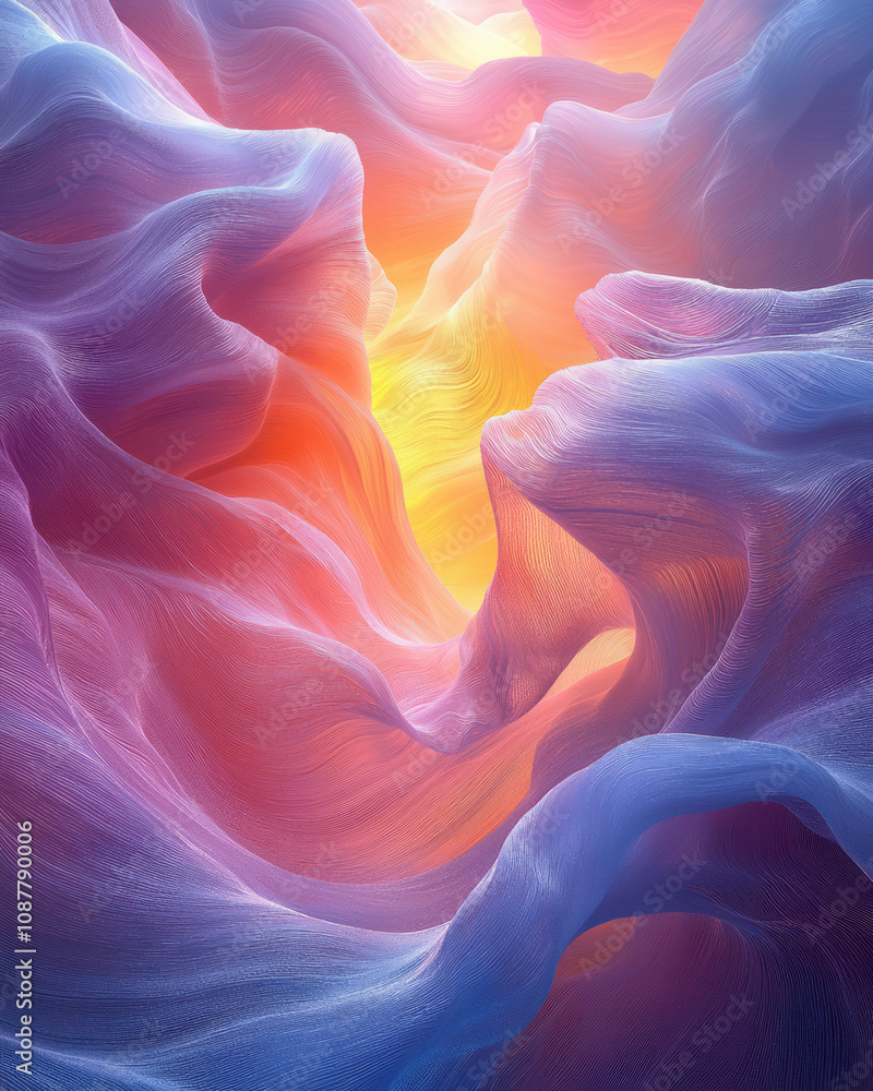 Poster a flowing, wave-like 3d abstraction with fine microfibers adding depth and texture,