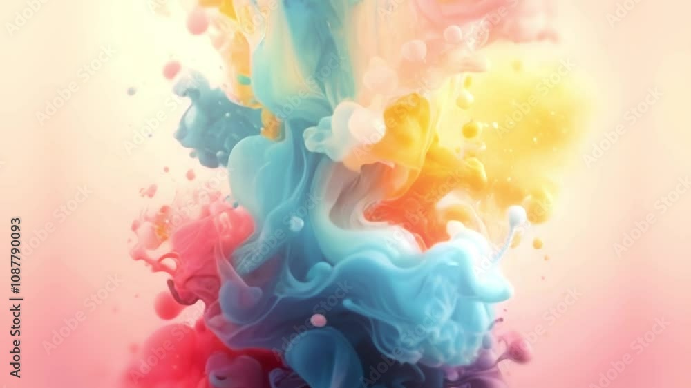 Poster Abstract animation with moving colored drops and streams of liquid that merge into an organic composition. The blues, yellows and pinks give the scene a sense of fluidity, as if there were streams of 