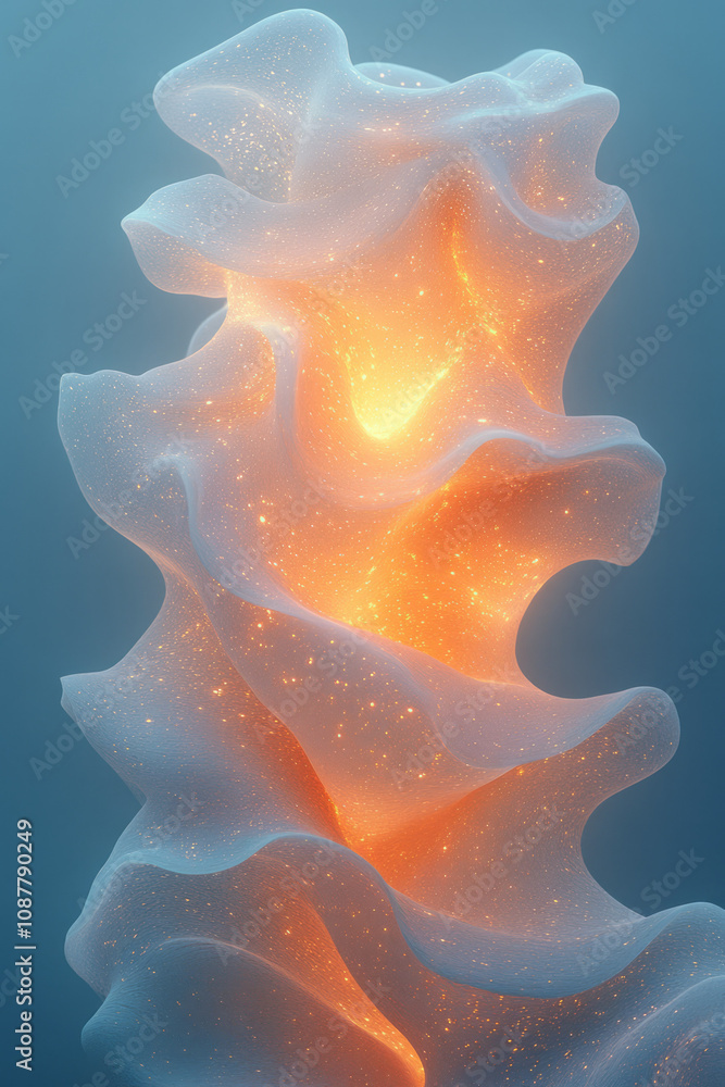 Poster abstract volumetric forms with microfuzzy textures, glowing softly as they overlap and intertwine,