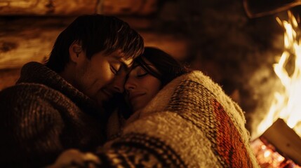 Obraz premium A couple enjoying a cozy moment by the fireplace in a rustic cabin, wrapped in a thick wool blanket, sharing warmth and intimacy as the fire casts a golden glow around them