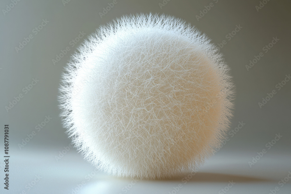 Poster a 3d volumetric sphere with soft microfibers covering its surface, creating a tactile, fluffy appear