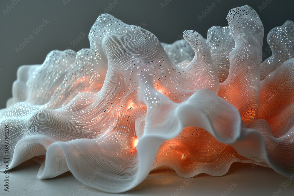 Poster an abstract 3d object with velvety microfibers creating a soft, dreamlike aesthetic,