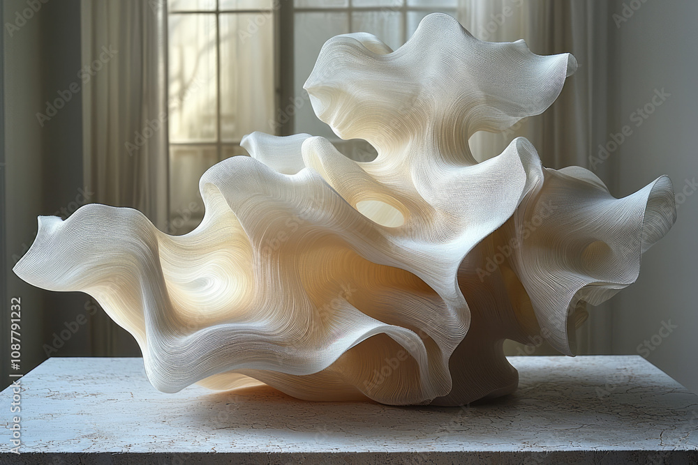 Poster an abstract 3d object with velvety microfibers creating a soft, dreamlike aesthetic,