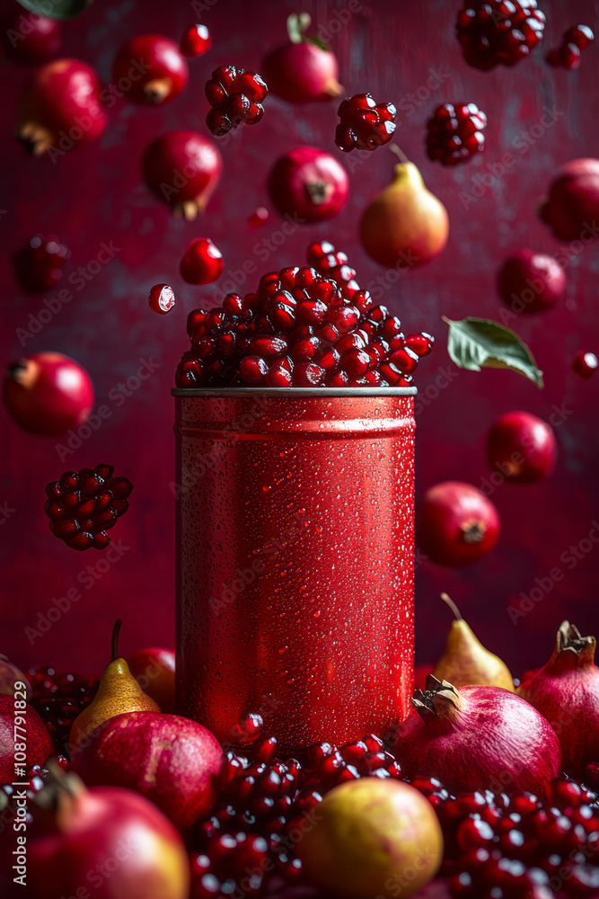 Poster a reflective tin can in the center, with pomegranates and pears dropping dynamically around it,