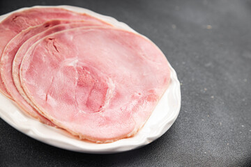 Ham slice pork meat fresh tasty food dish delicious gourmet food background on the table rustic food top view copy space