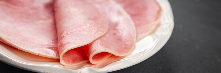 Ham slice pork meat fresh tasty food dish delicious gourmet food background on the table rustic food top view copy space