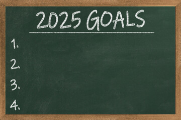 Goals for 2025, vintage chalk text on blackboard, colored chalk in the corner, Business Vision...