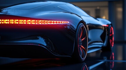 Fototapeta premium A sleek, futuristic car with glowing red lights, showcasing modern automotive design.